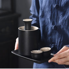 Load image into Gallery viewer, Japanese Sake Cup Set with Warmer- Mini Ceramic Sake set- 9 pcs Sake set- Black and White classic Sake Set