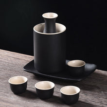 Load image into Gallery viewer, Japanese Sake Cup Set with Warmer- Mini Ceramic Sake set- 9 pcs Sake set- Black and White classic Sake Set