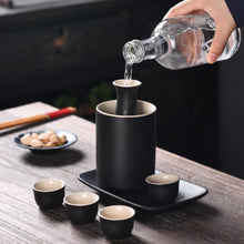 Load image into Gallery viewer, Japanese Sake Cup Set with Warmer- Mini Ceramic Sake set- 9 pcs Sake set- Black and White classic Sake Set
