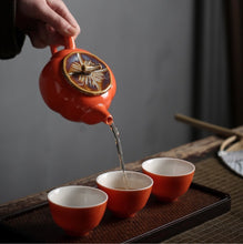 Load image into Gallery viewer, Traditional Chinese Tea Set- Ceramic Red Persimmon Tea Set with cups and Tea Plant Canister
